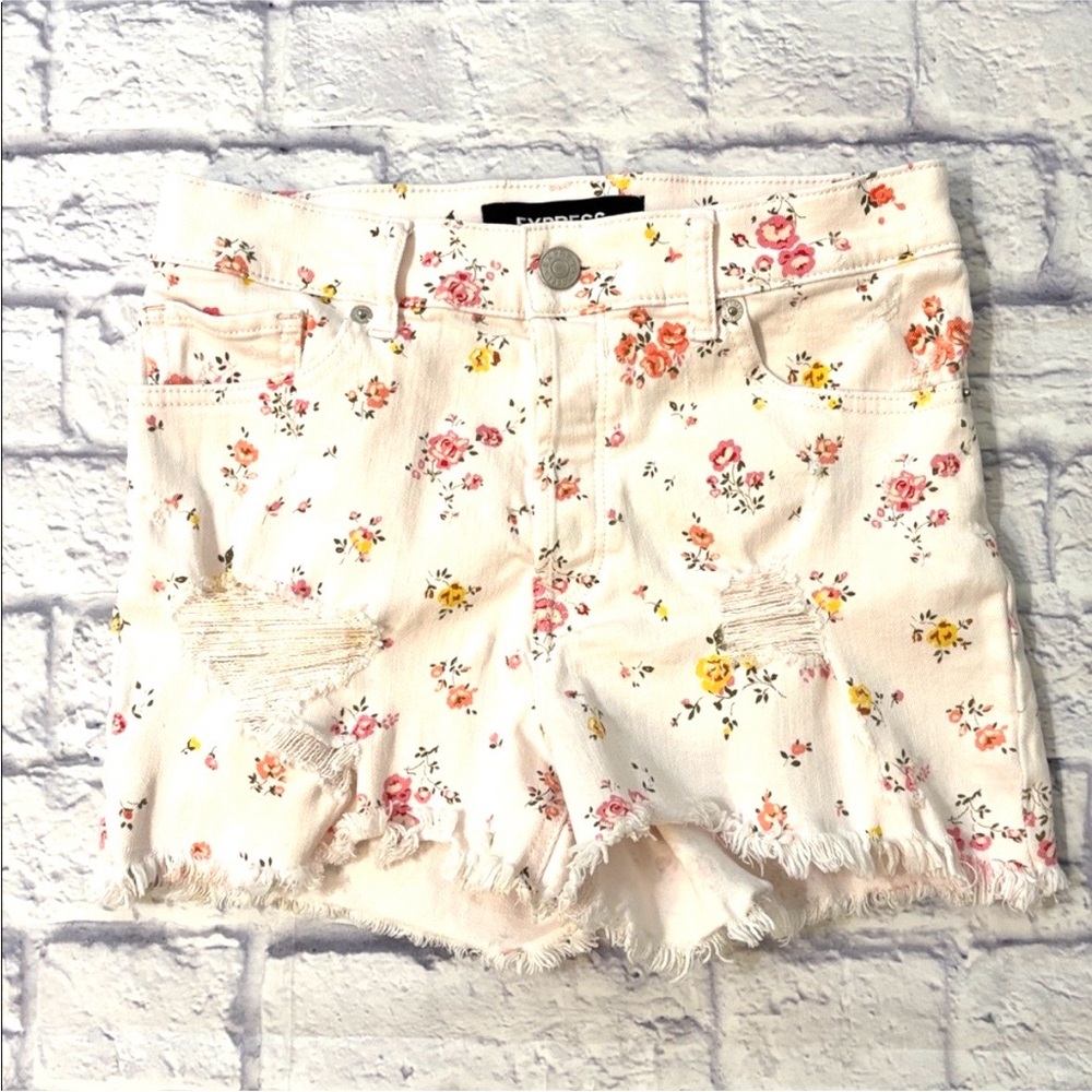 Express Pink Floral Print Jean Shorts White Denim Vintage High Rise Midi Size 0